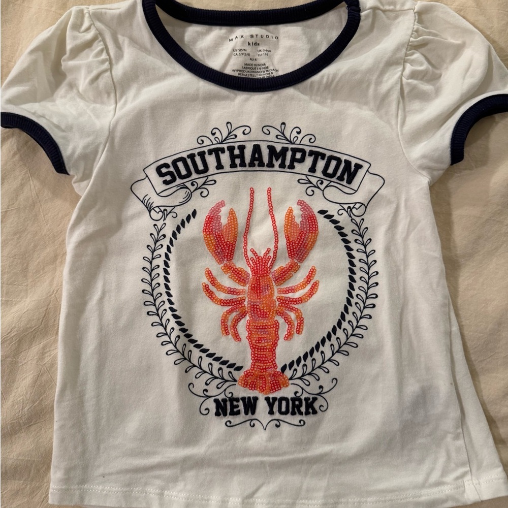 Max Studio White Tee with Red Lobster Print (size 5/6)